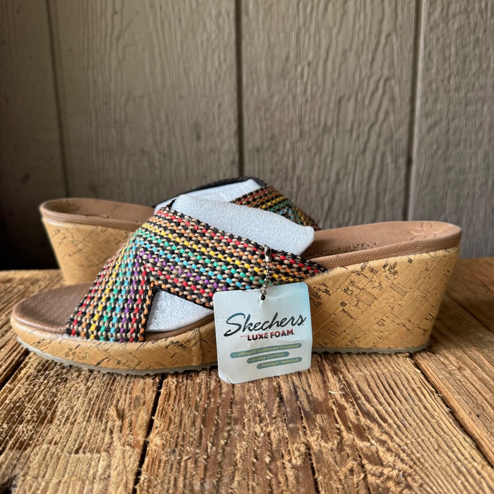 Skechers Luxe Foam Wedge Sandals Womens 9 Multi Color Woven Cork Slide 38554 MLT